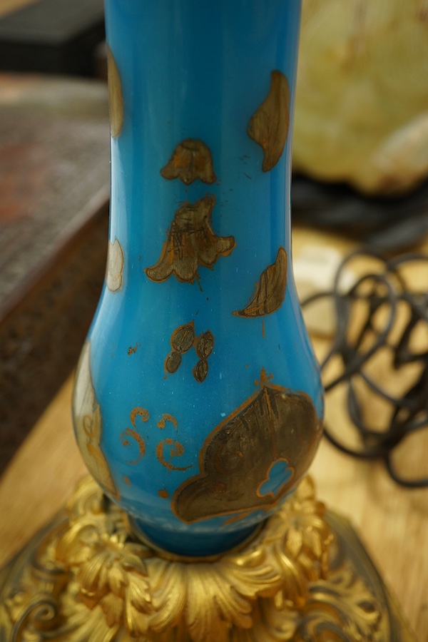 A 19th century Palmer & Co. Patent ormolu-mounted blue opaline glass table lamp, 44cm